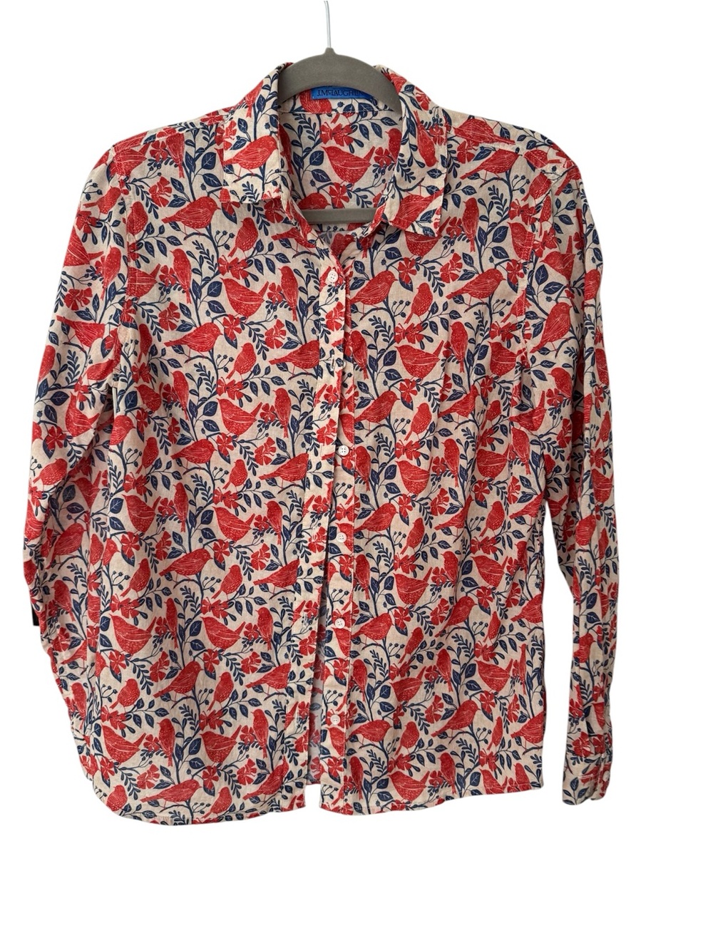 J. McLaughlin Red and Navy Bird-Print Button-Down Shirt